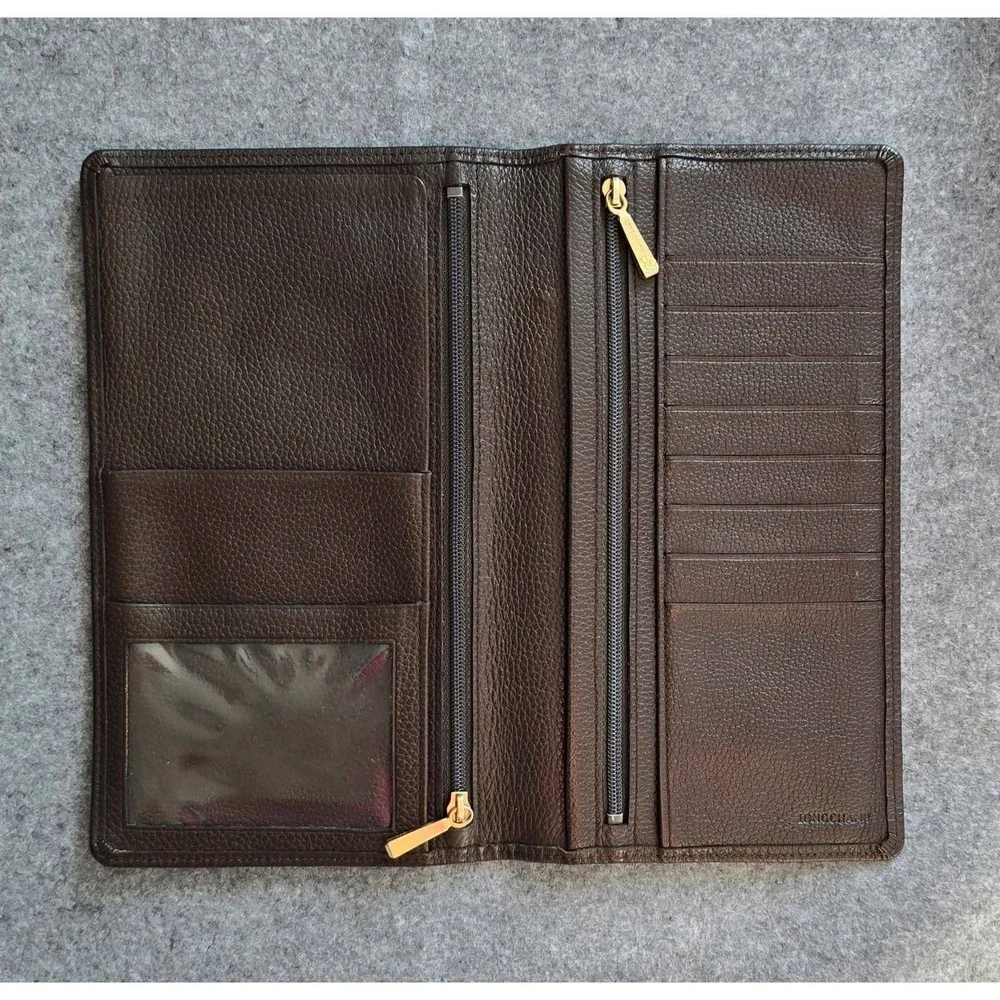 Longchamp Le Foulonne Long Bifold Travel Wallet Organizer dark brown EUC w/ COA
